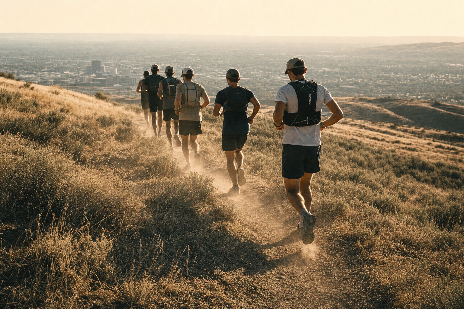 A small pack of trail runners climbing a sage foothill trail at dawn.