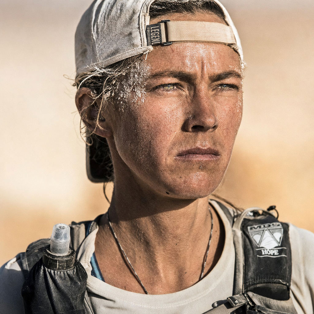 A runner deep in a hot desert race, salt-crusted and squinting into the sun.